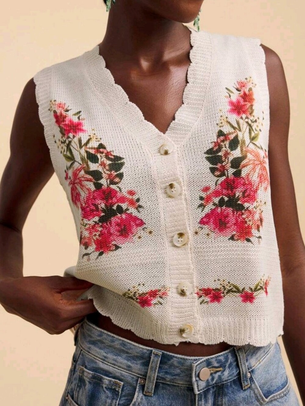 Cream Floral Knit Button Front Vest